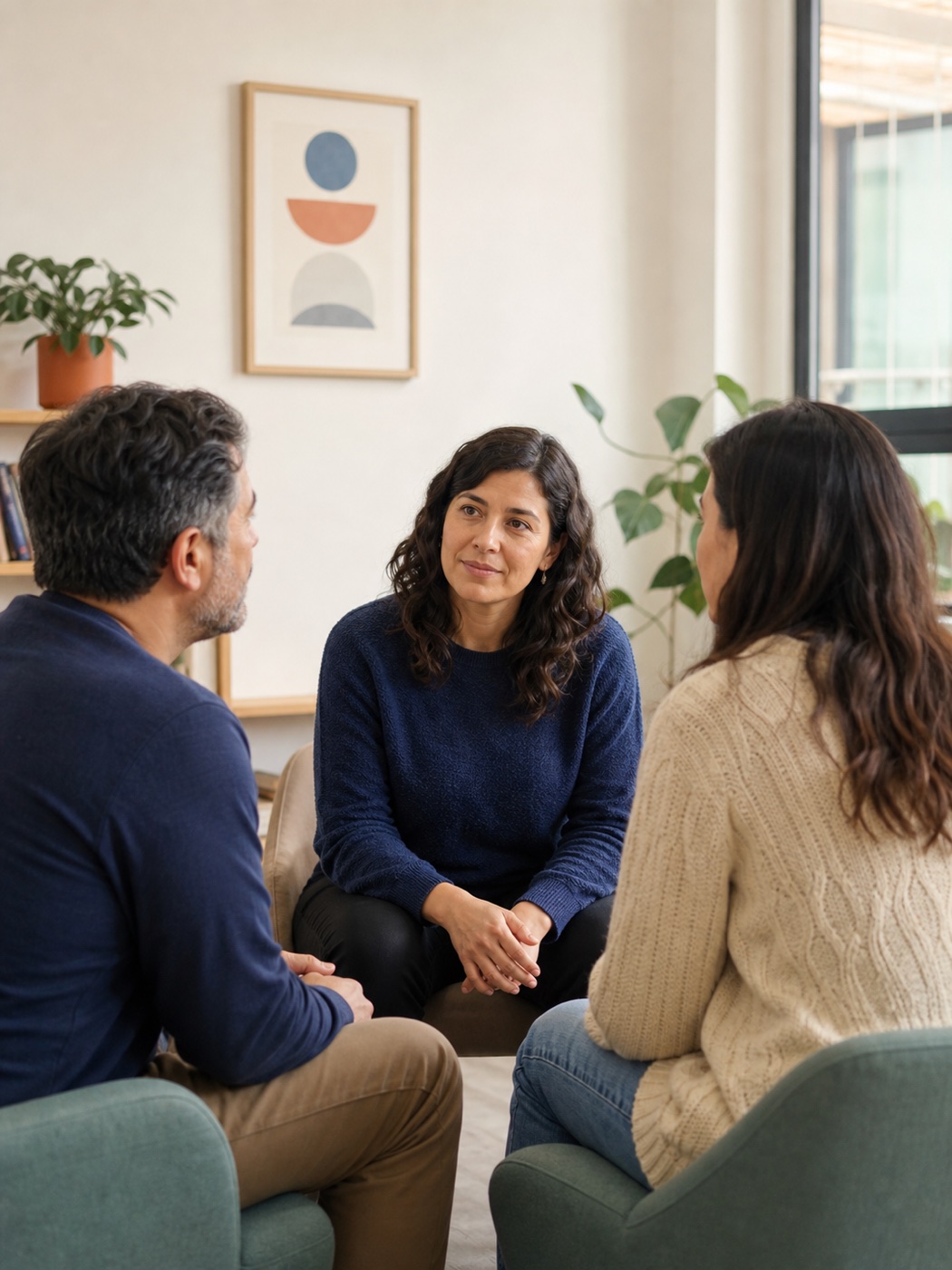 Profesional escuchando atentamente a una familia durante una conversación de orientación